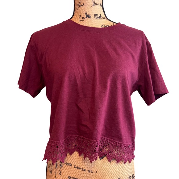 Hollister Tops - Hollister Burgundy‎ Lace Trim Crop Top Short Sleeve Crew Neck Maroon Womens M